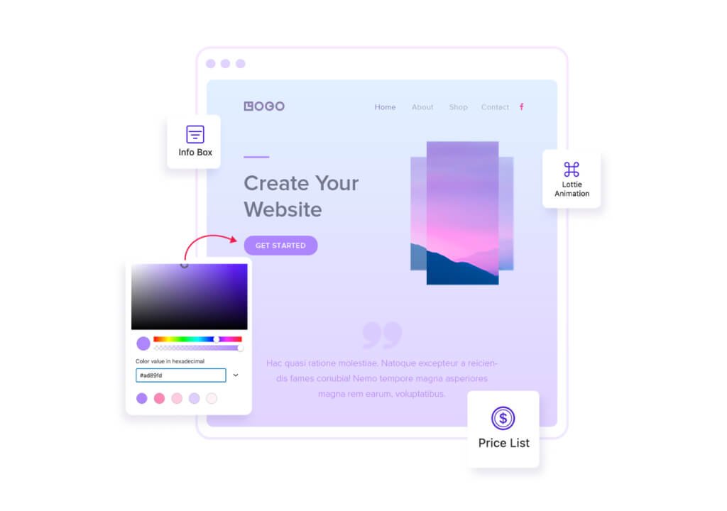 Mockup of a customizable website with color picker and widget icons.