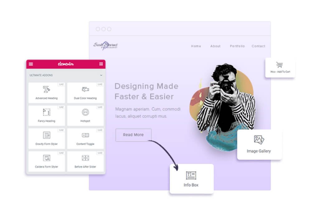 WordPress design interface with plugins and a person holding a camera.