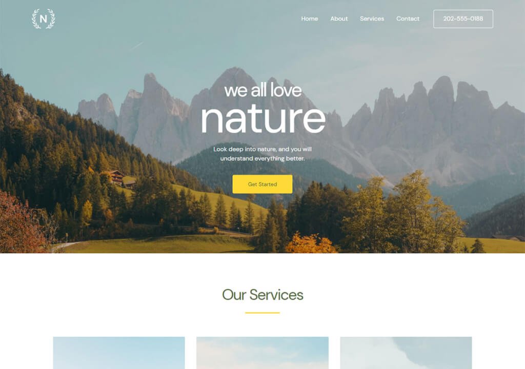 Nature-themed WordPress website template with mountain view.