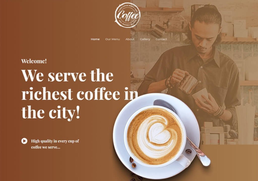 Coffee shop website design with latte art and barista