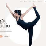 Woman in yoga pose with text promoting a yoga studio.