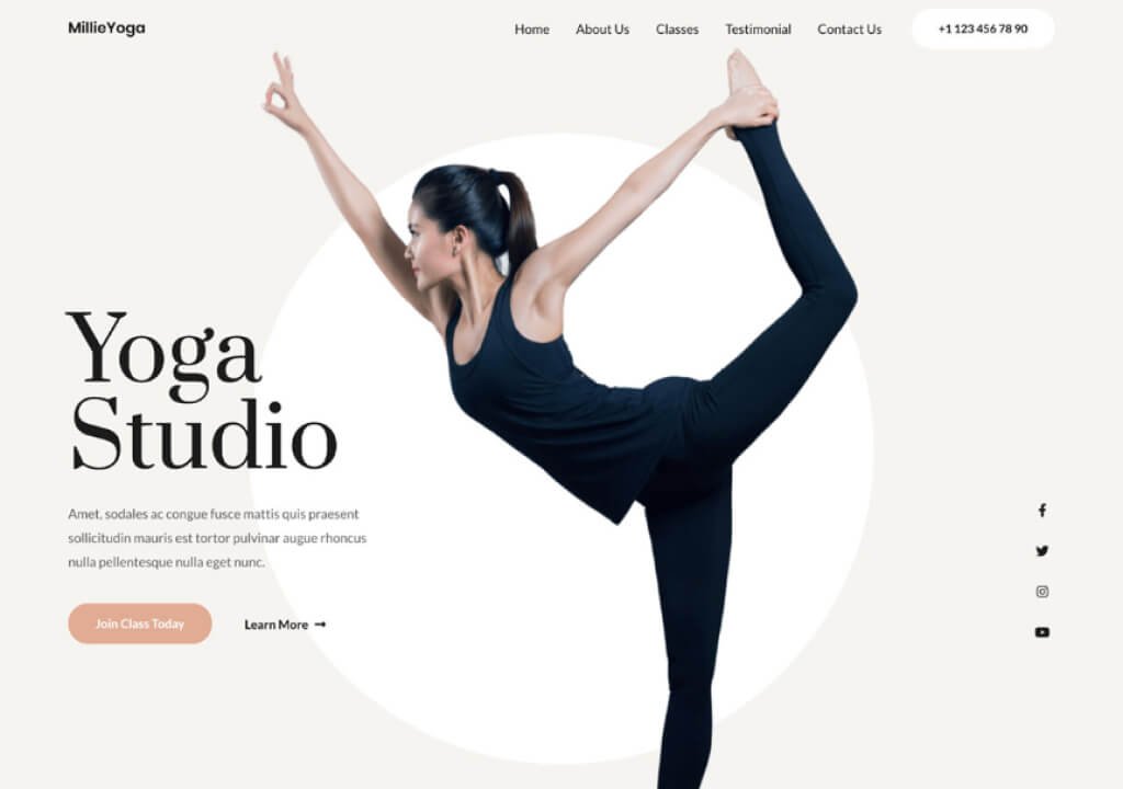 Woman in yoga pose with text promoting a yoga studio.