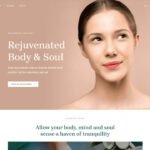 Woman with smooth skin gazing upward, website text promoting spa services.