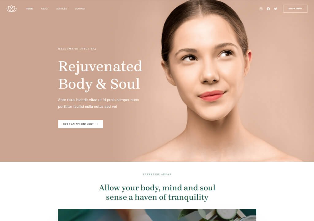 Woman with smooth skin gazing upward, website text promoting spa services.